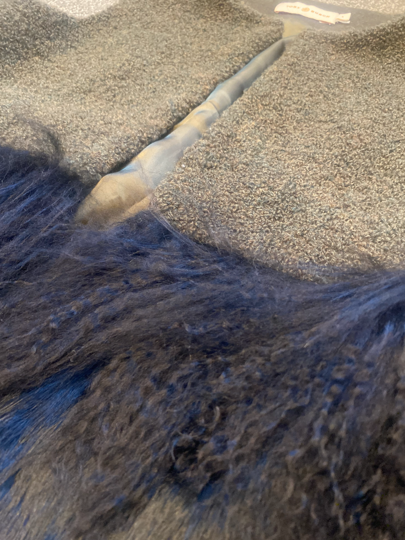 Tory Burch Tweed Fur Fringe Vest Green Black