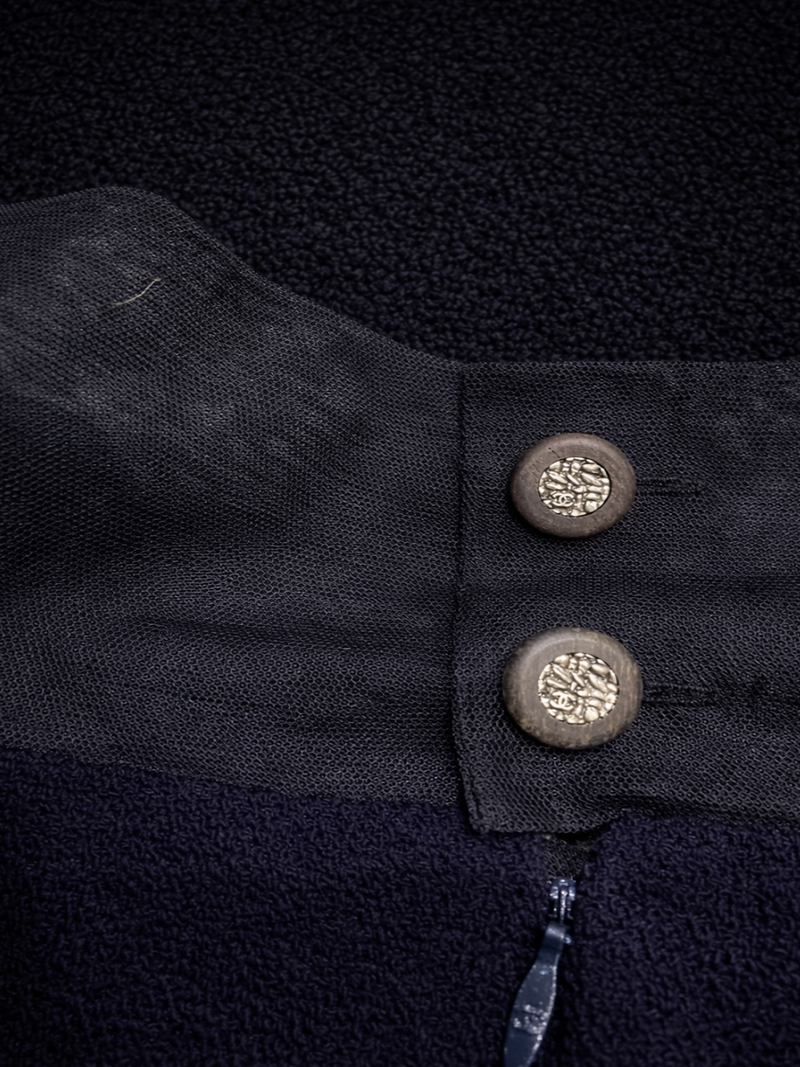 CHANEL CC Logo High Collar Tweed Dress Navy Blue