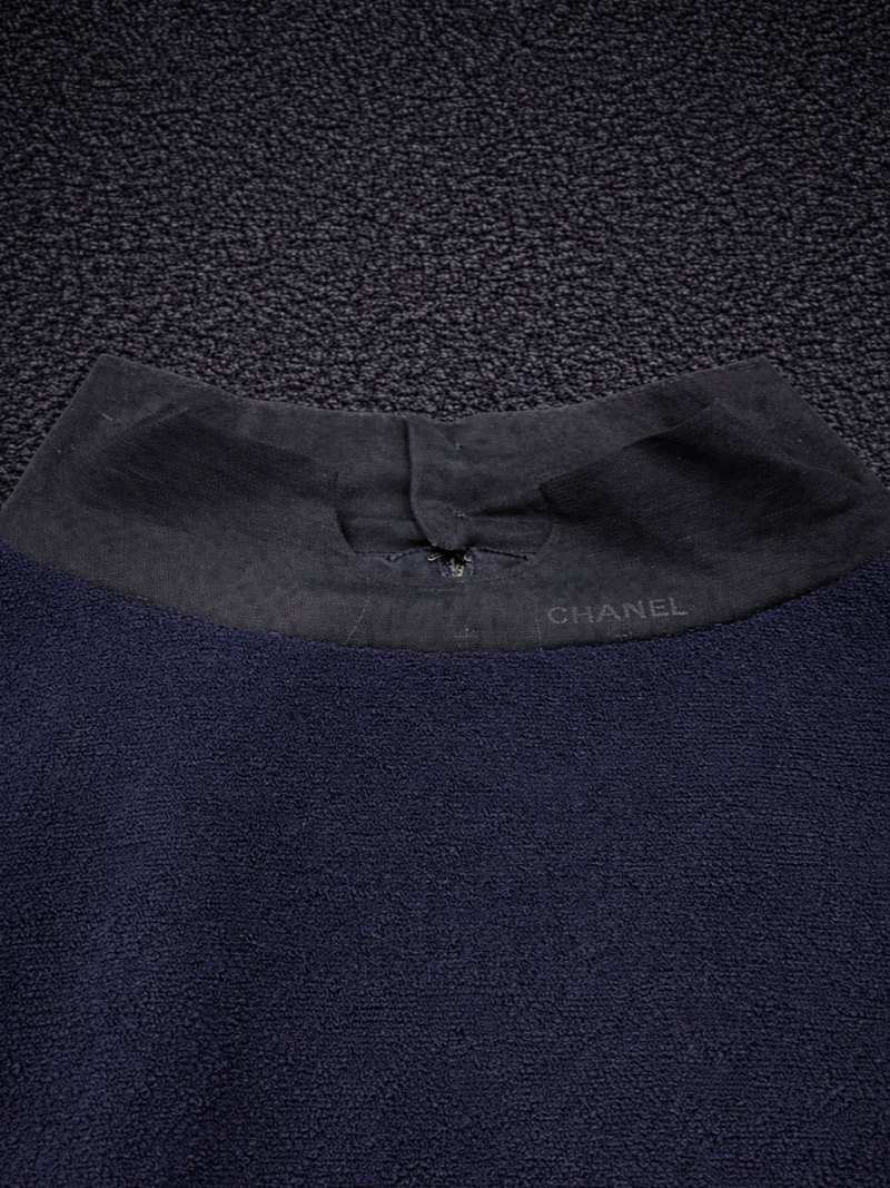 CHANEL CC Logo High Collar Tweed Dress Navy Blue