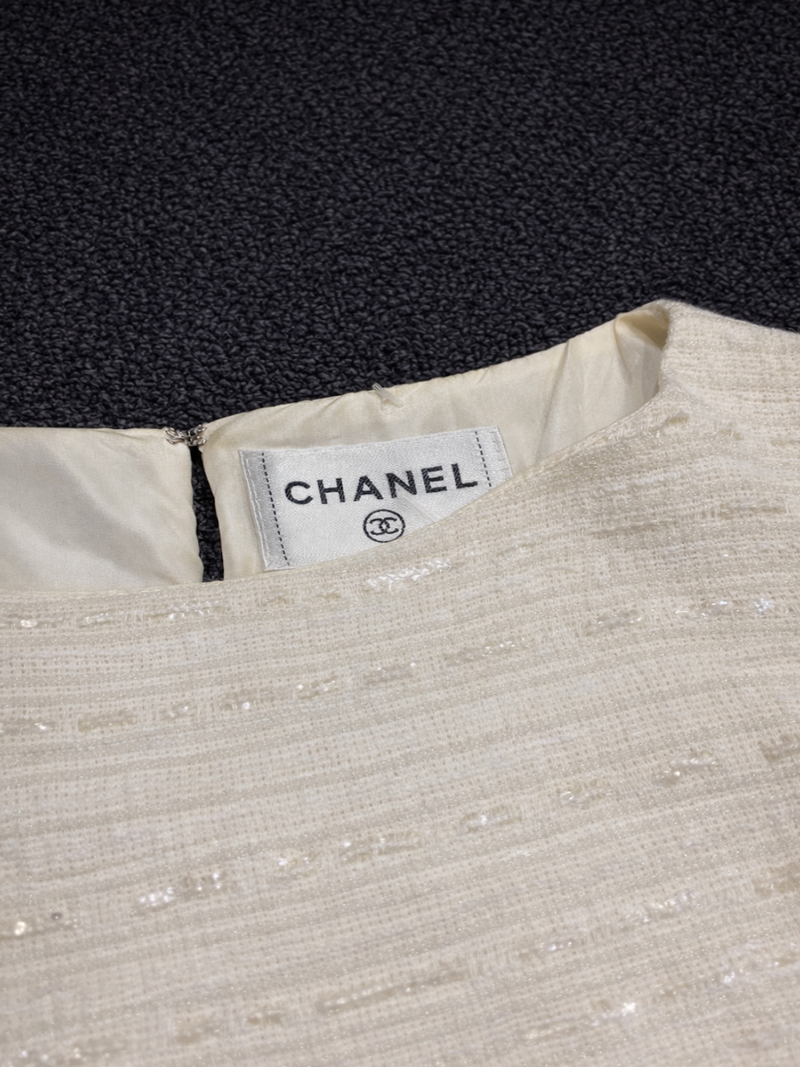 CHANEL Tweed Cream Sequin Mini Dress