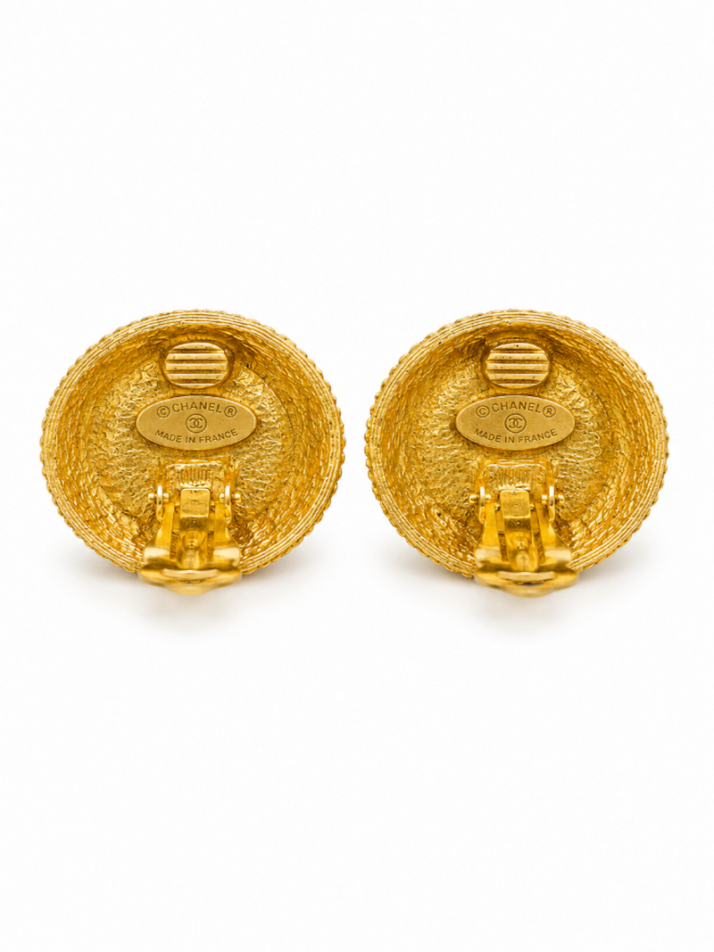 CHANEL Vintage 24K Pearl Medallion Clip On Earrings Ivory