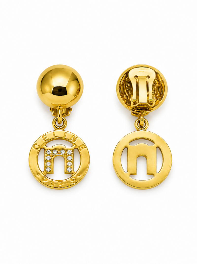 Celine 24K Logo Dangling Clip On Earrings