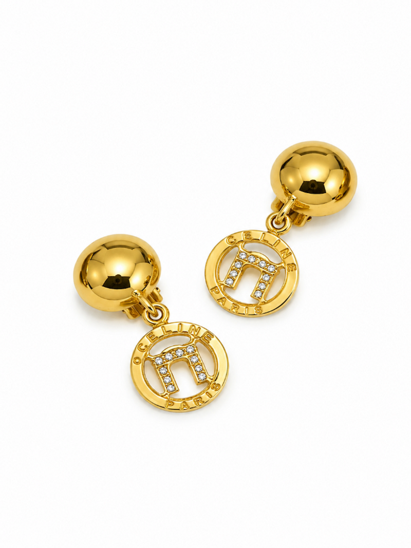 Celine 24K Logo Dangling Clip On Earrings