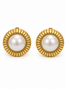 CHANEL Vintage 24K Pearl Clip On Sun Earrings Ivory