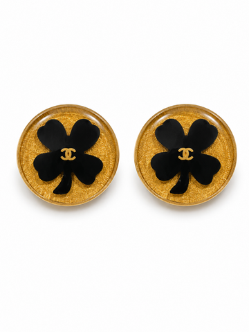 CHANEL Vintage 24K CC Logo Lucky Clover Pearl Clip On Earrings Gold