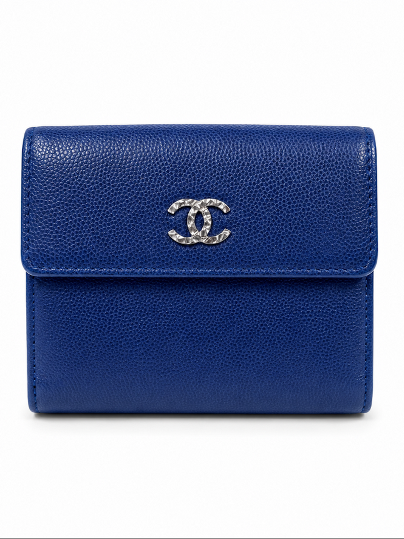 CHANEL CC Logo Caviar Leather Trifold Wallet Blue