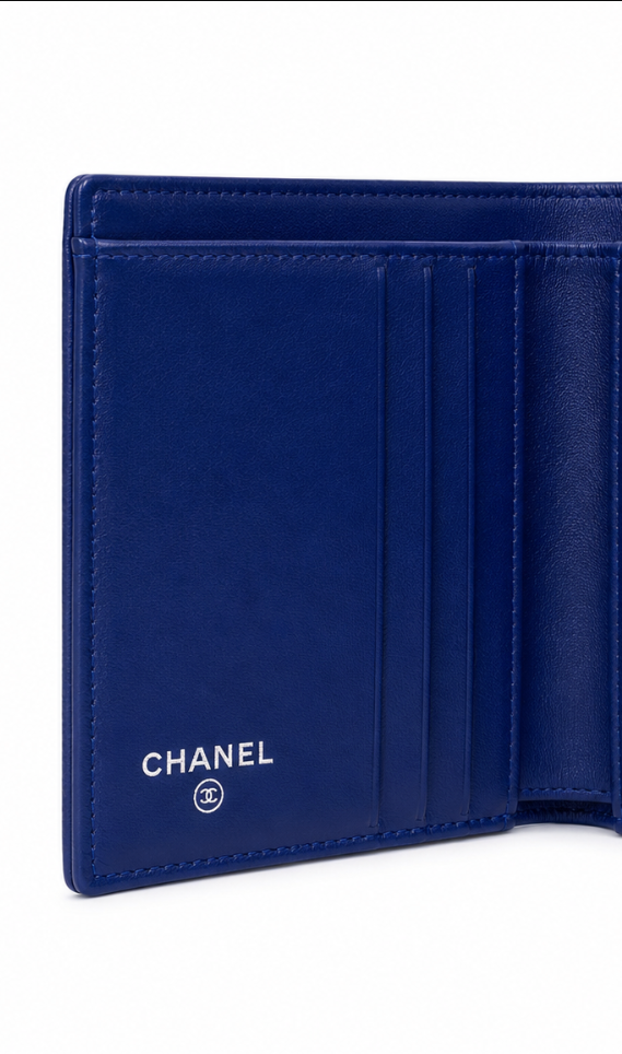 CHANEL CC Logo Caviar Leather Trifold Wallet Blue