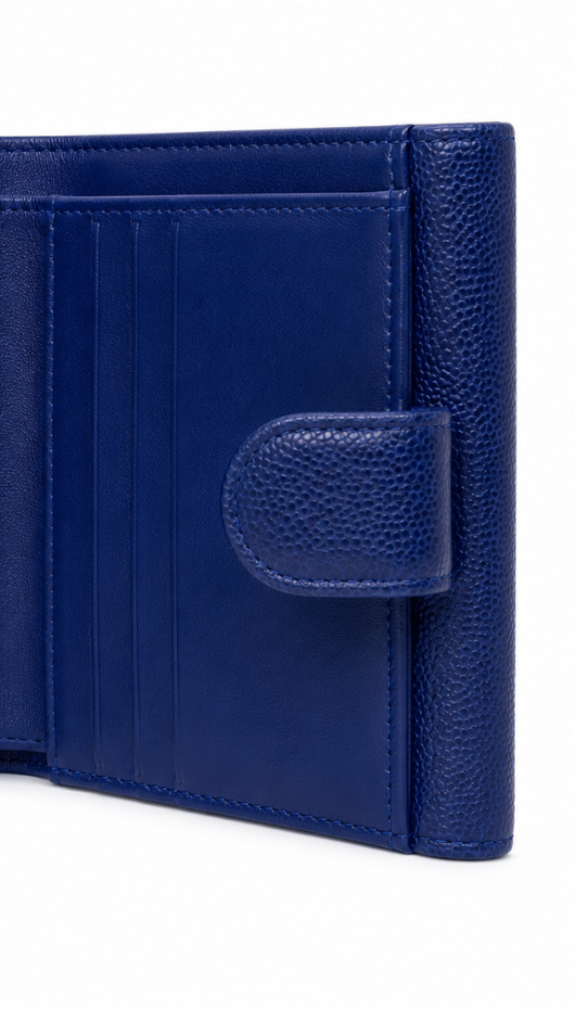 CHANEL CC Logo Caviar Leather Trifold Wallet Blue