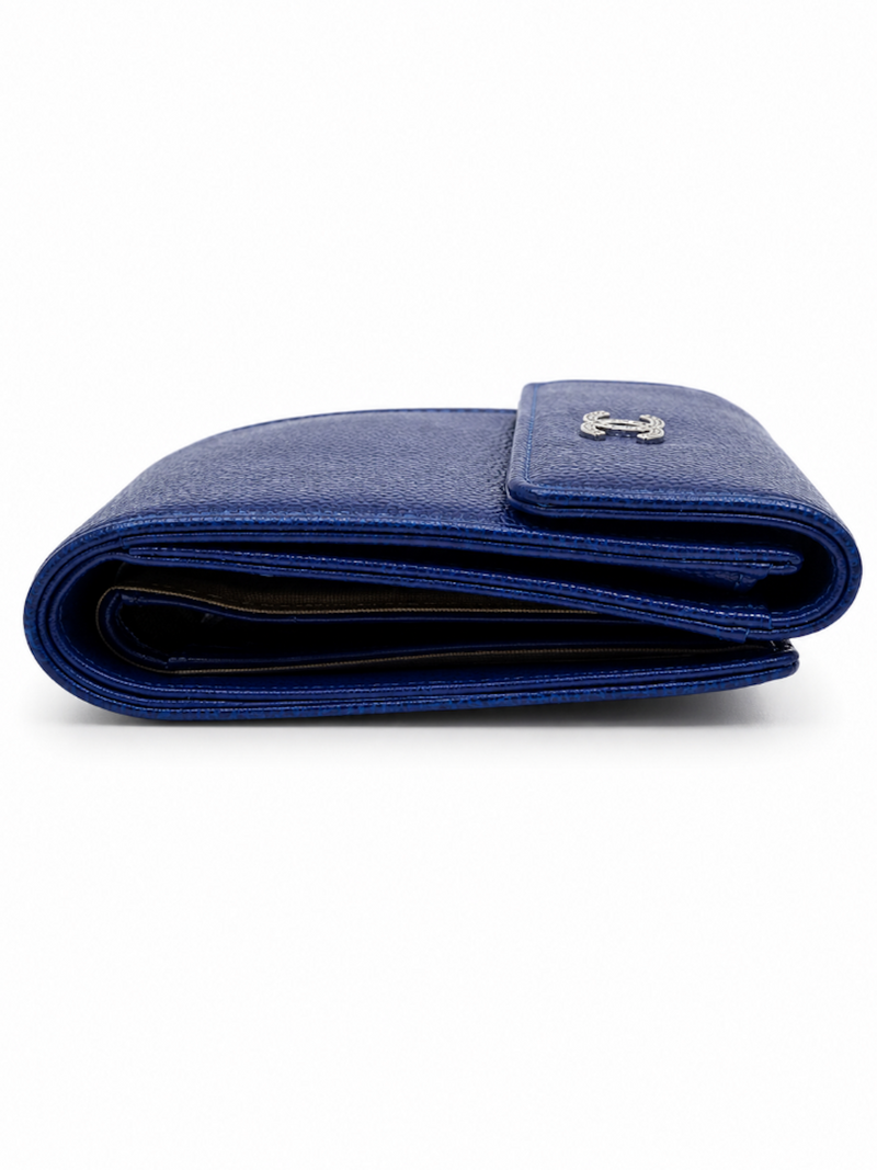 CHANEL CC Logo Caviar Leather Trifold Wallet Blue