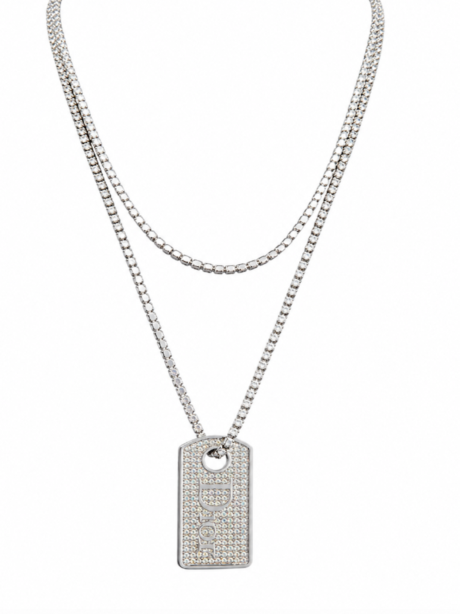 Christian Dior Logo Crystal Dog Tag Layered Necklace Silver