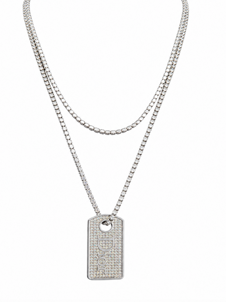 Christian Dior Logo Crystal Dog Tag Layered Necklace Silver