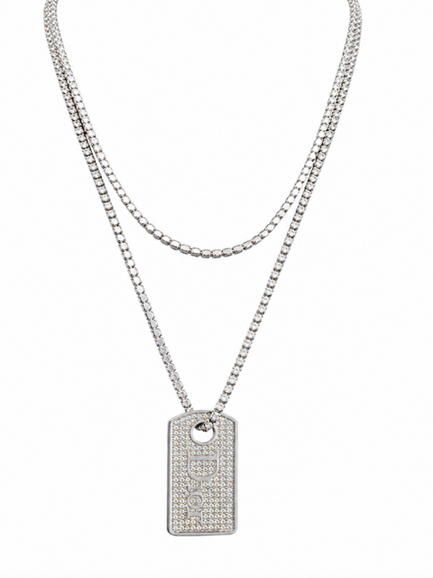 Christian Dior Logo Crystal Dog Tag Layered Necklace Silver