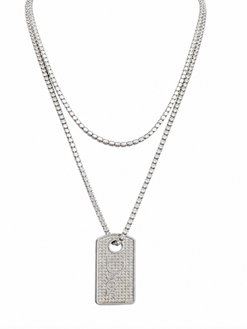 Christian Dior Logo Crystal Dog Tag Layered Necklace Silver