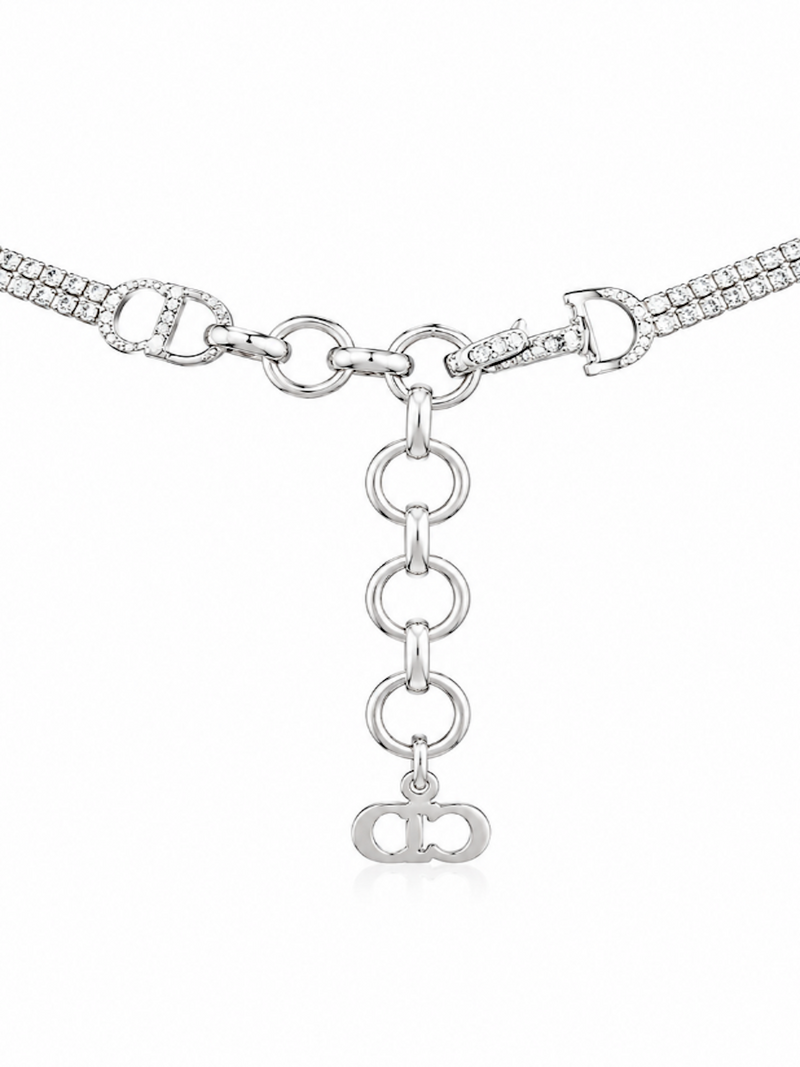 Christian Dior Logo Crystal Dog Tag Layered Necklace Silver