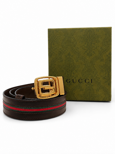 Gucci GG Logo Dual Tone Hardware Leather Web Stripe Belt Black