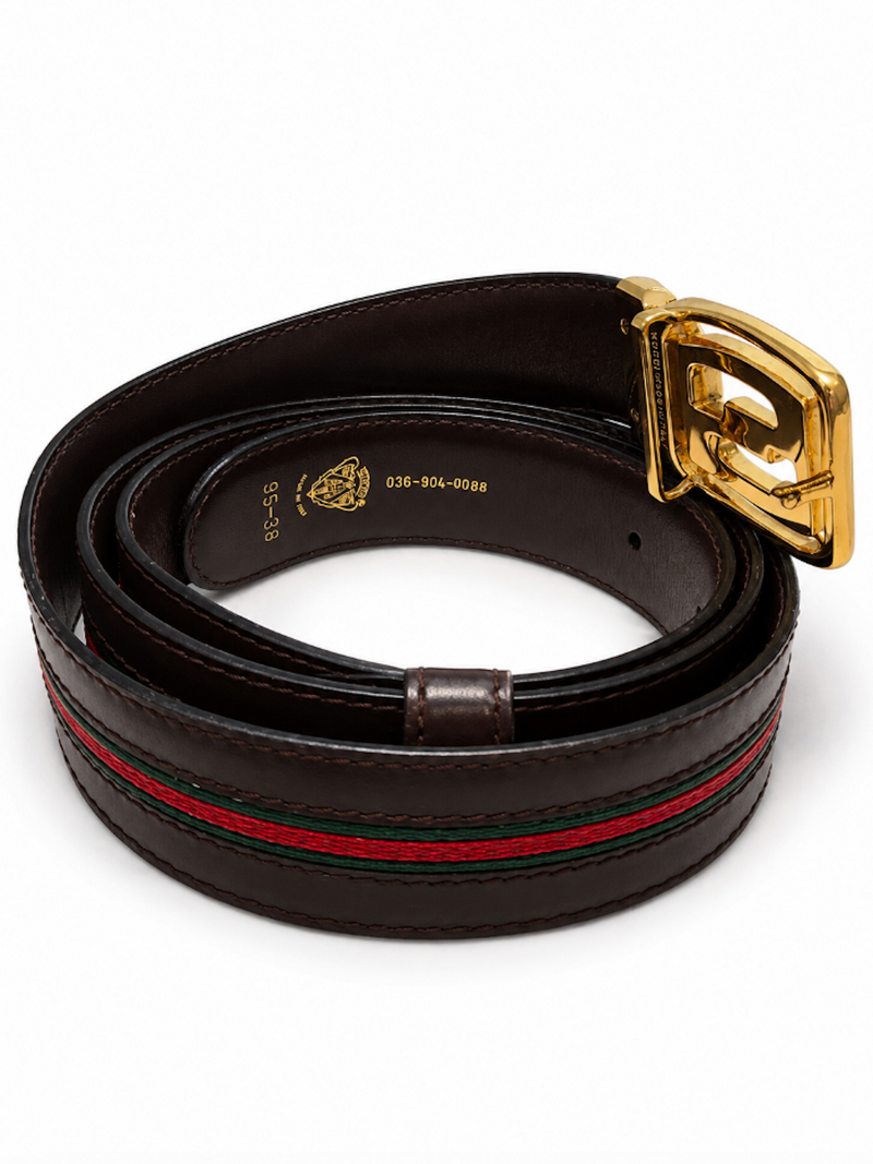 Gucci GG Logo Dual Tone Hardware Leather Web Stripe Belt Black