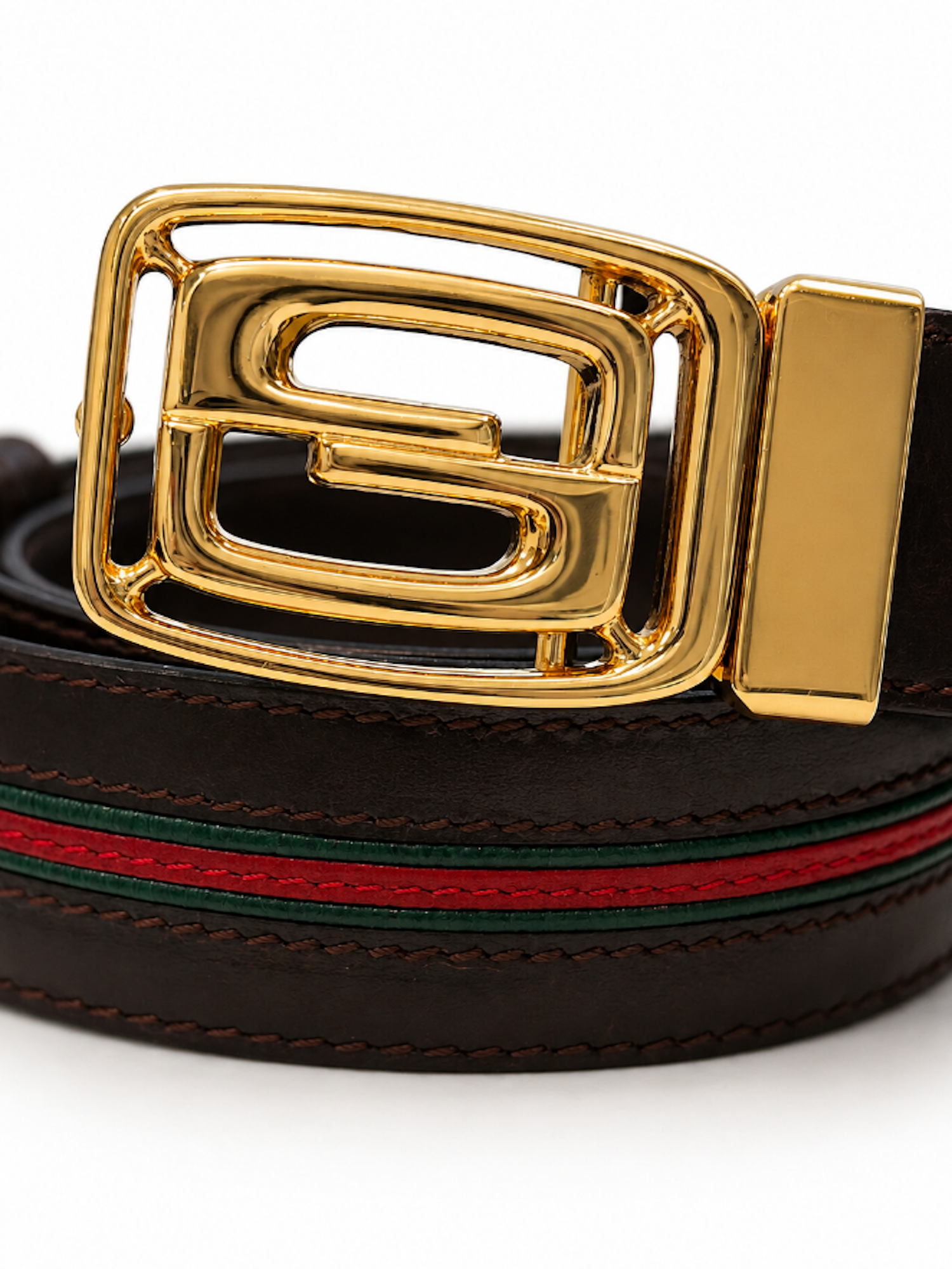 Gucci GG Logo Dual Tone Hardware Leather Web Stripe Belt Black