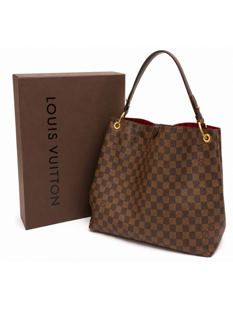 Louis Vuitton Logo Damier Ebene Hobo Graceful Handbag Brown