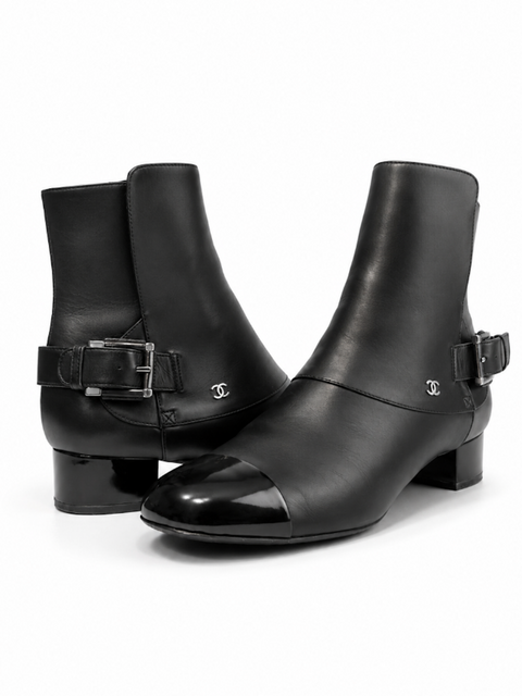 CHANEL CC Logo Leather Buckled Cap Toe Booties Black