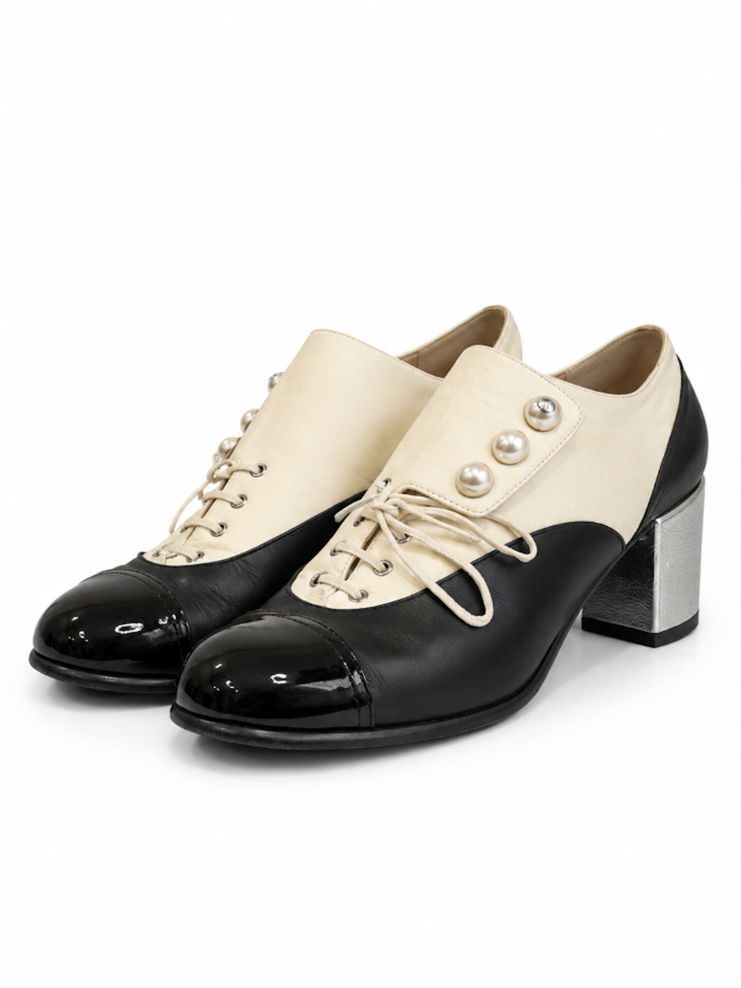 Chanel CC Logo Leather Pearl Block Heel Cap Toe Shoes Black Ivory