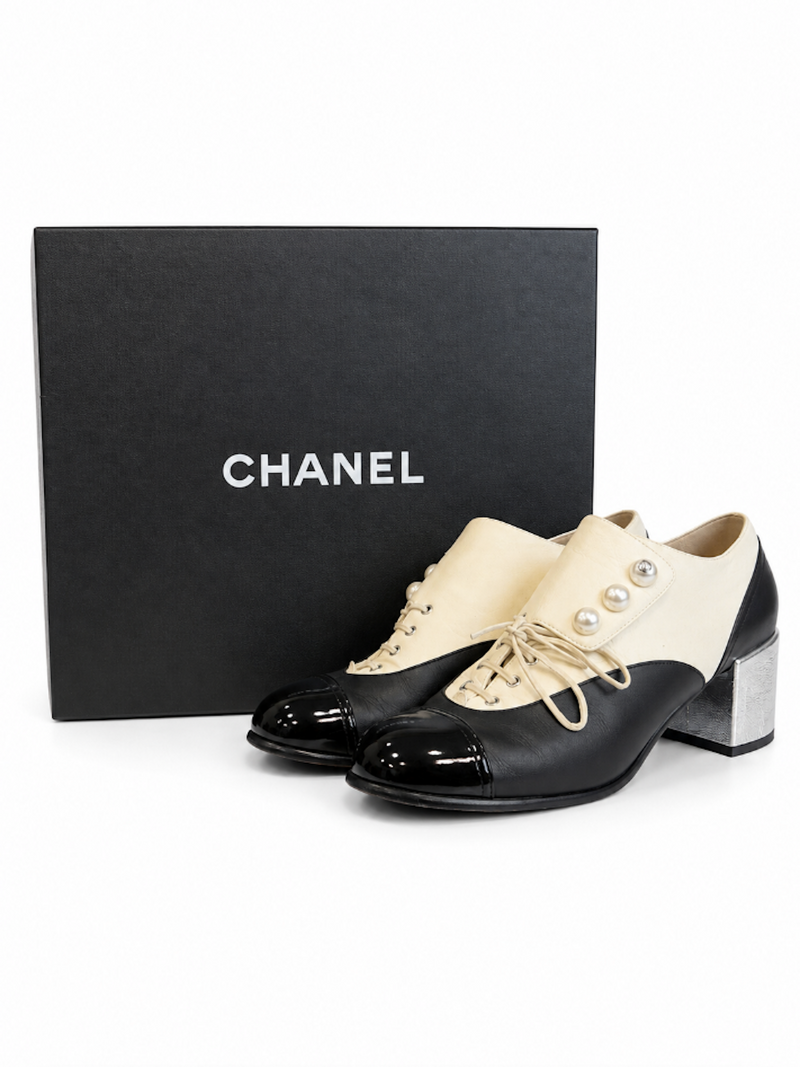 Chanel CC Logo Leather Pearl Block Heel Cap Toe Shoes Black Ivory
