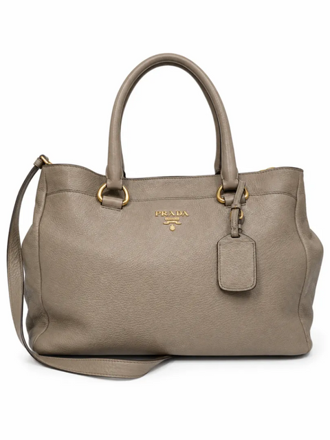 Prada Logo Vitello Daino Pebbled Leather Tote Bag Taupe