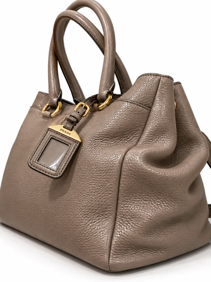 Prada Logo Vitello Daino Pebbled Leather Tote Bag Taupe