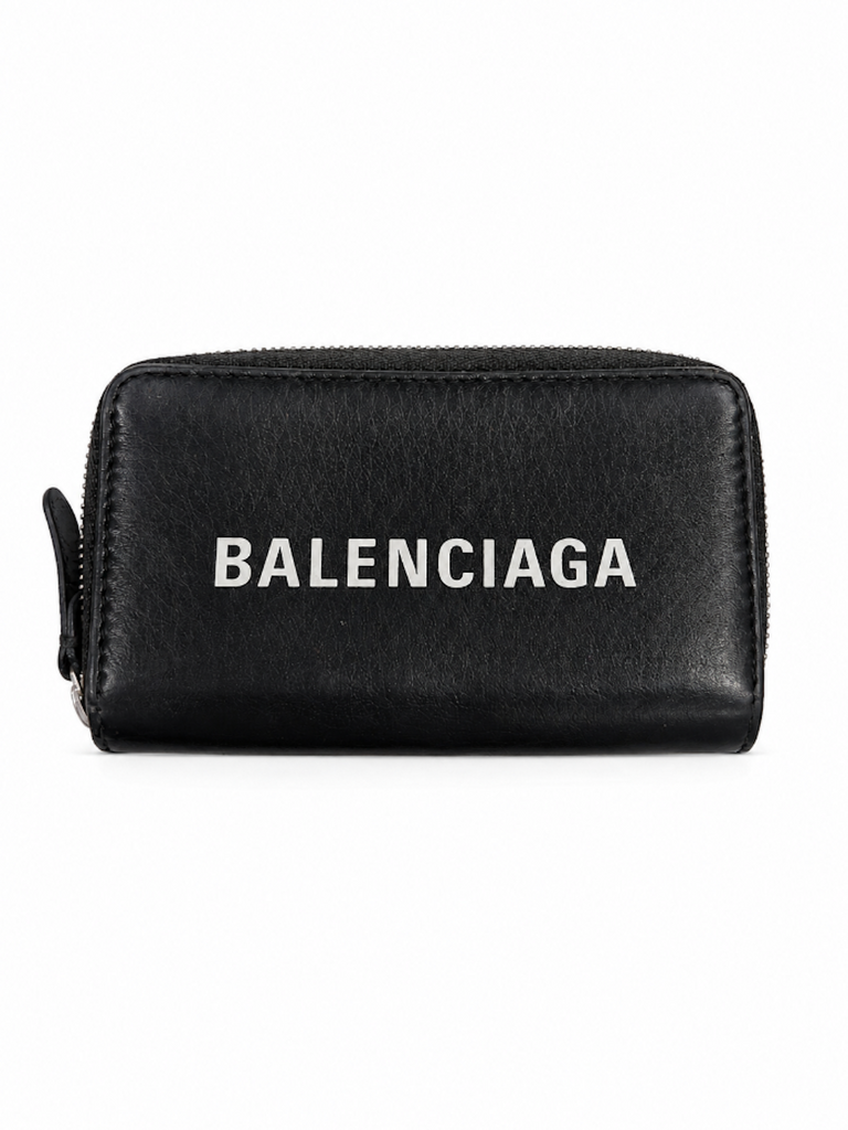 Balenciaga Logo Leather Credit Card Zipper Wallet Black White