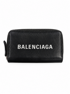 Balenciaga Logo Leather Credit Card Zipper Wallet Black White