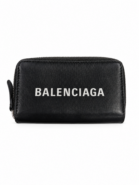 Balenciaga Logo Leather Credit Card Zipper Wallet Black White