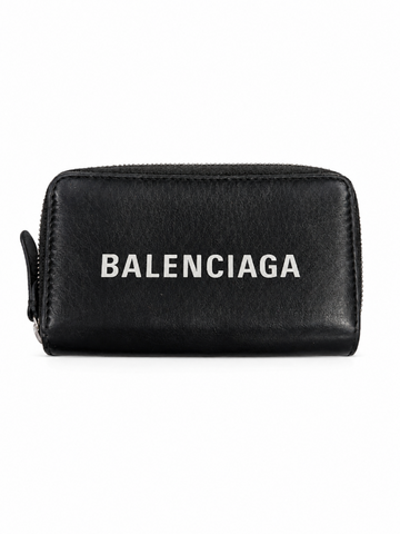 Balenciaga Logo Leather Credit Card Zipper Wallet Black White