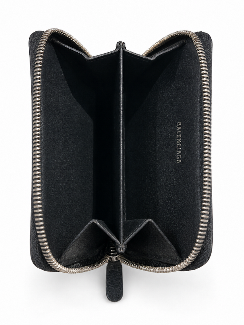 Balenciaga Logo Leather Credit Card Zipper Wallet Black White