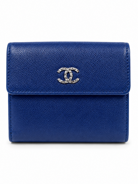 CHANEL CC Logo Caviar Leather Trifold Wallet Blue