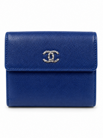 CHANEL CC Logo Caviar Leather Trifold Wallet Blue