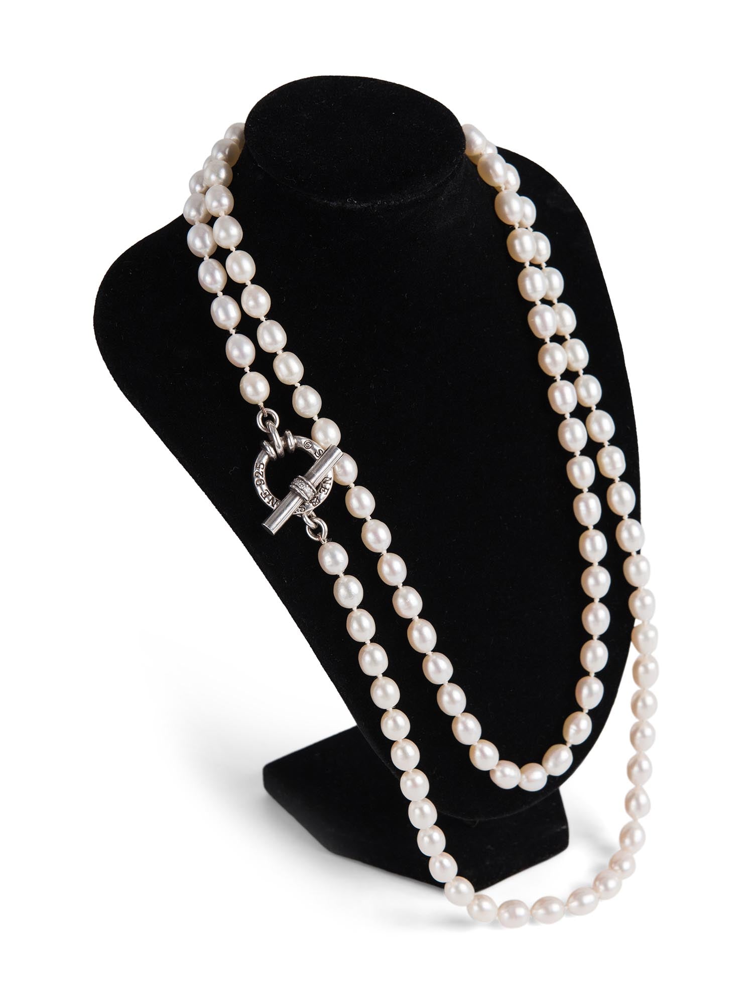 Slane & Slane Freshwater Pearl Toggle Diamond Clasp Silver Necklace White-designer resale