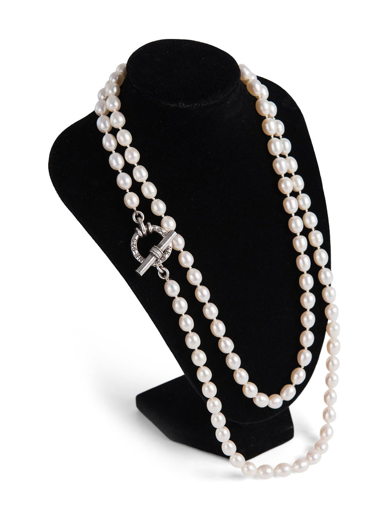 Slane & Slane Freshwater Pearl Toggle Diamond Clasp Silver Necklace White