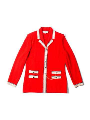 St. John Logo Tweed Knit Buttoned Cardigan Red Beige Gold-designer resale