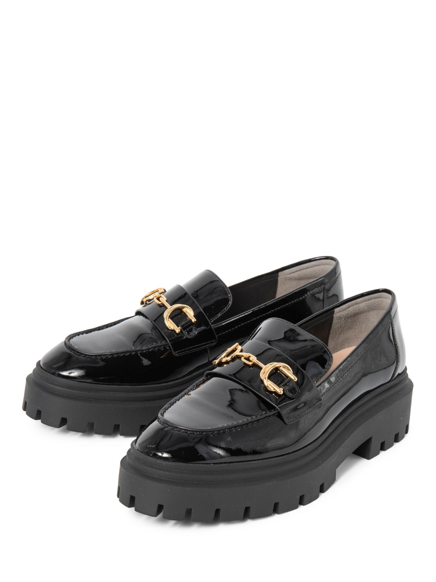 Stuart Weitzman Patent Leather Gold Horsebit Platform Loafers Black
