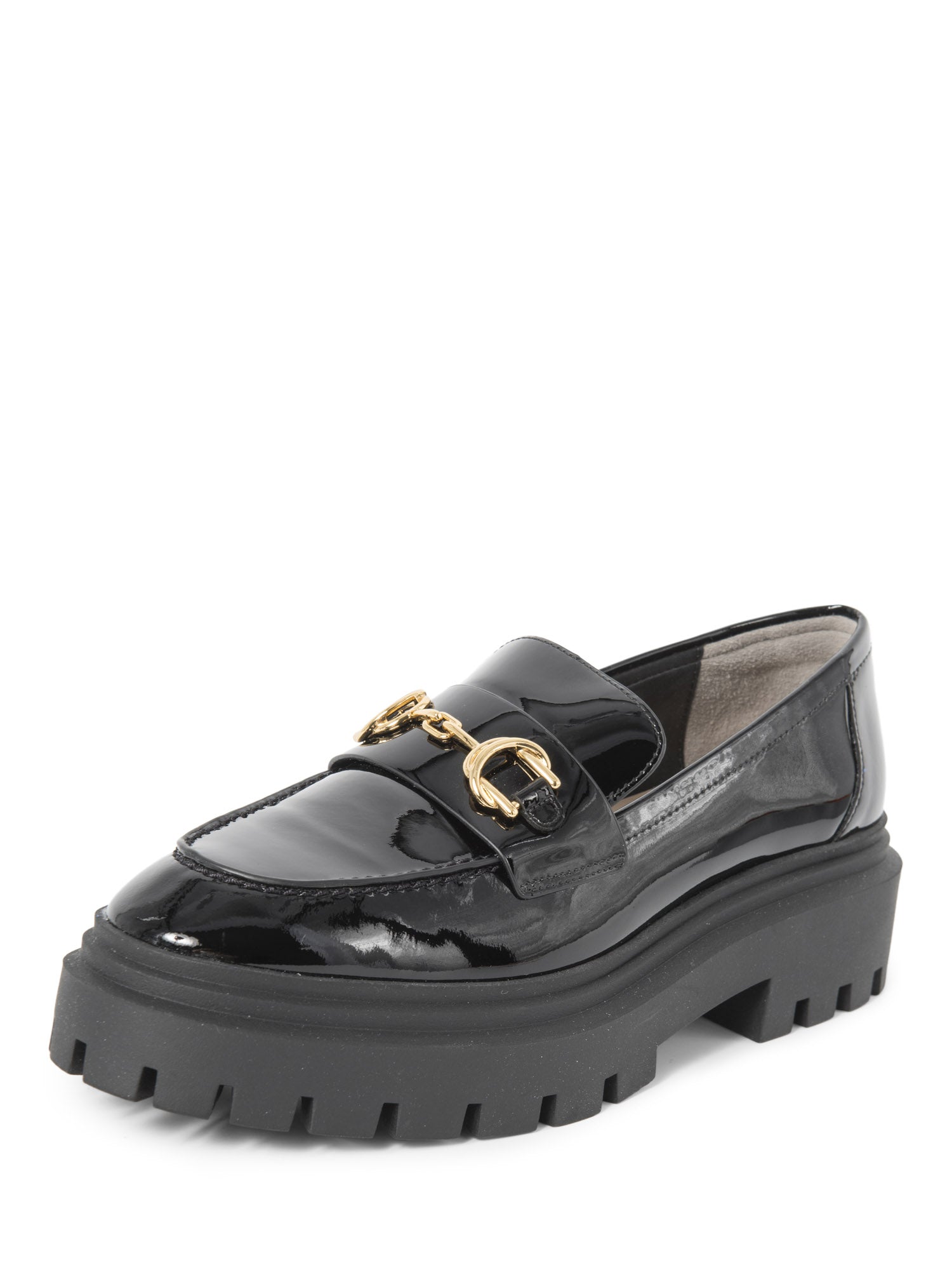 Stuart Weitzman Patent Leather Gold Horsebit Platform Loafers Black-designer resale