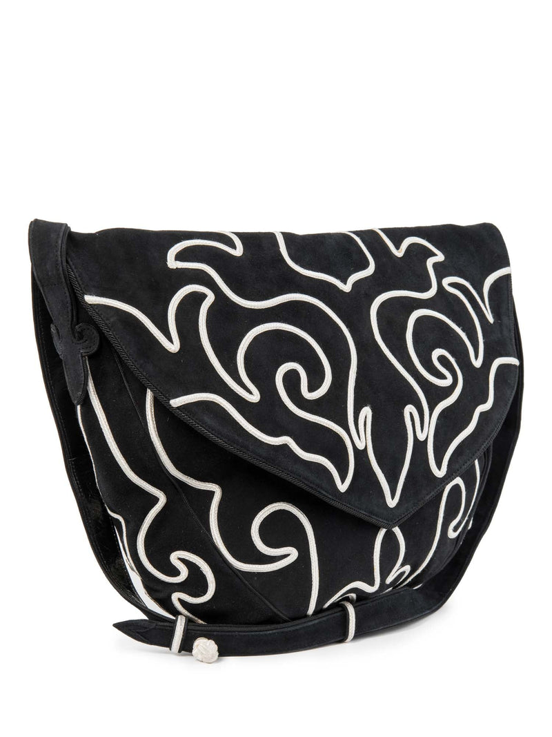 Susan Bennis Warren Edwards Vintage Suede Embroidered Messenger Bag Black White-designer resale