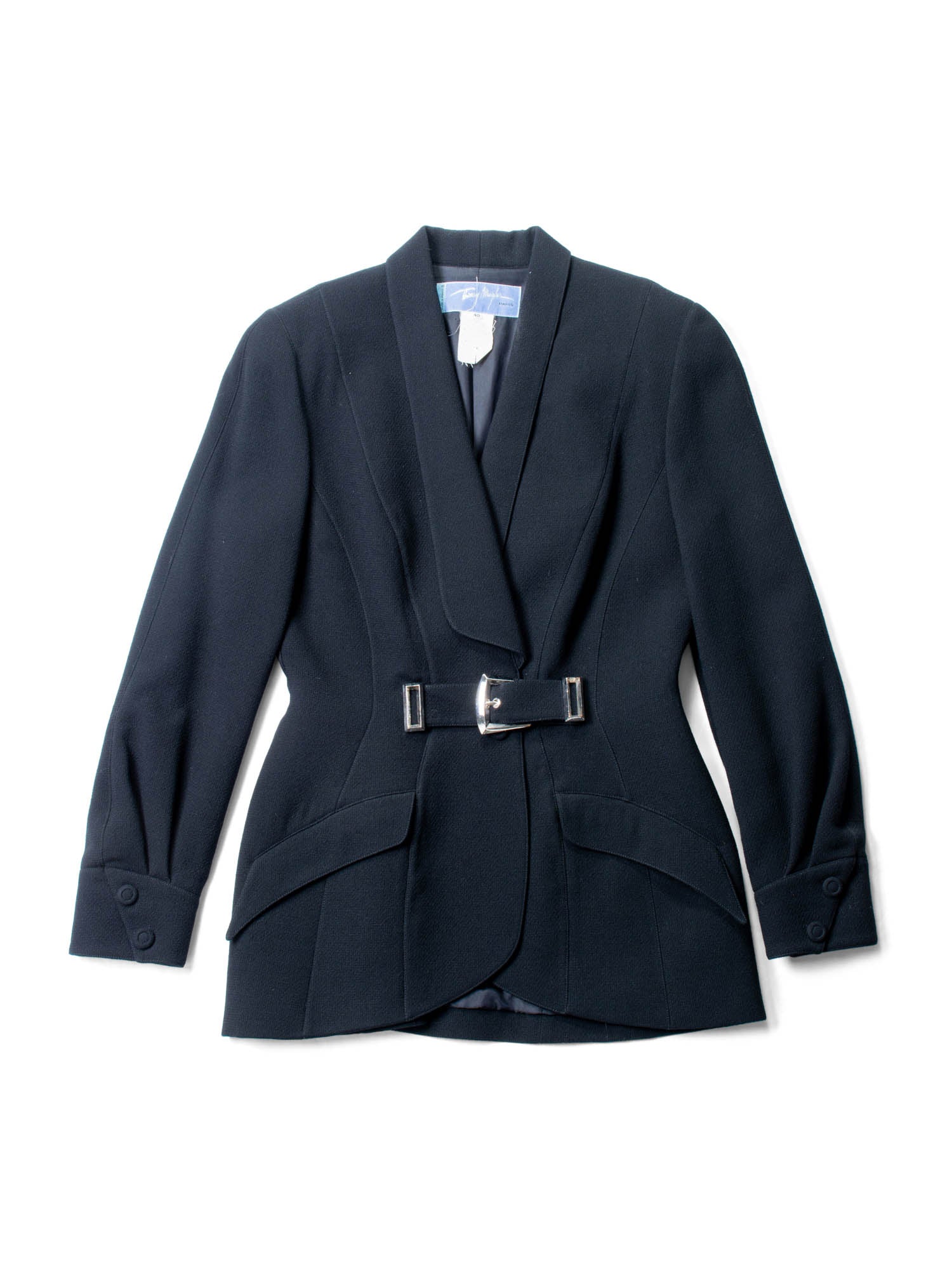 Thierry Mugler Vintage Tweed Belted Tuxedo Jacket Black-designer resale