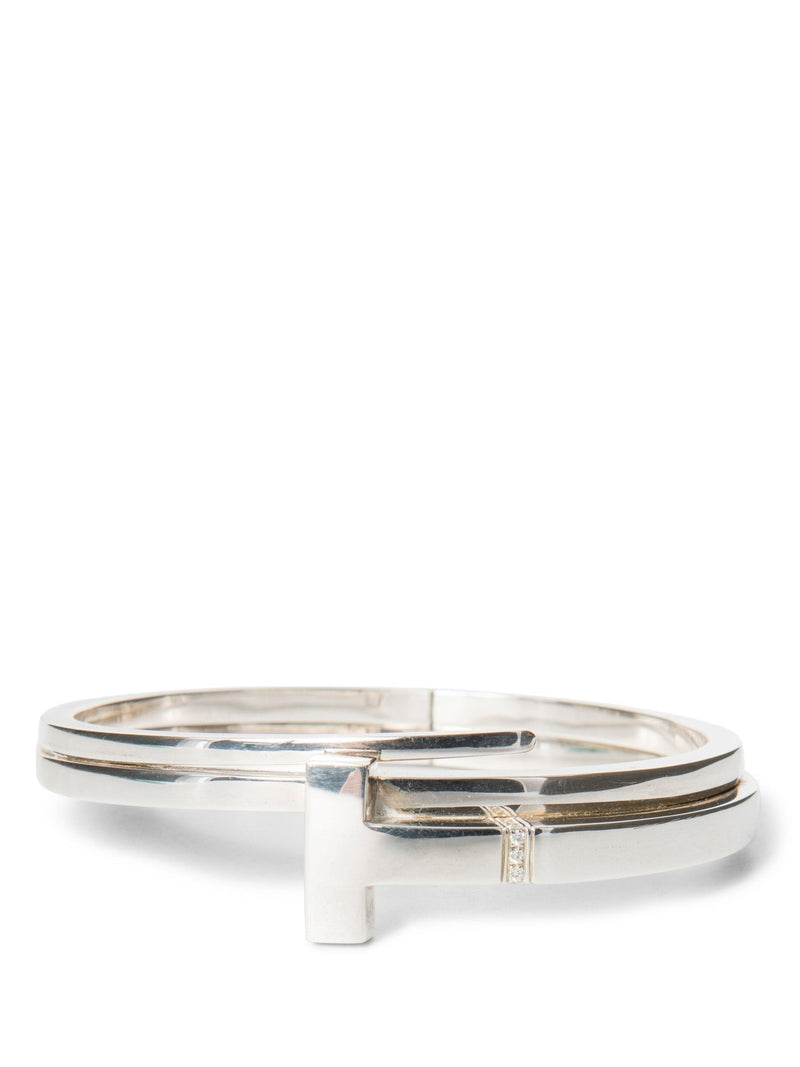 Tiffany & Co T1 Wide Diamond Sterling Silver Hinged Double Wrap Bracelet-designer resale