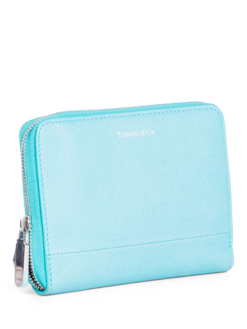 Tiffany & Co. Logo Leather Zipper Wallet Aqua Blue-designer resale