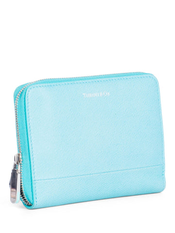 Tiffany & Co. Logo Leather Zipper Wallet Aqua Blue-designer resale