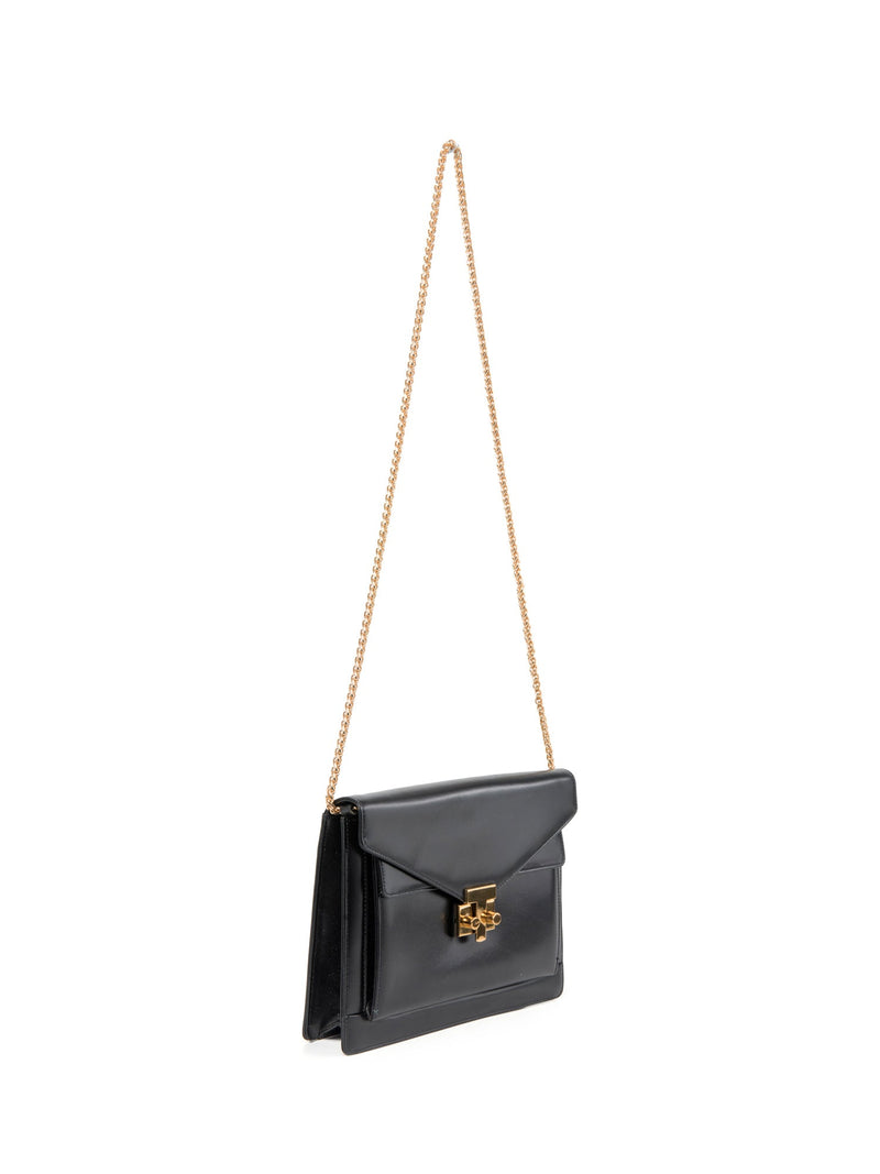 Tiffany & Co. Vintage Leather T Logo Buckle Messenger Flap Bag Black Gold-designer resale