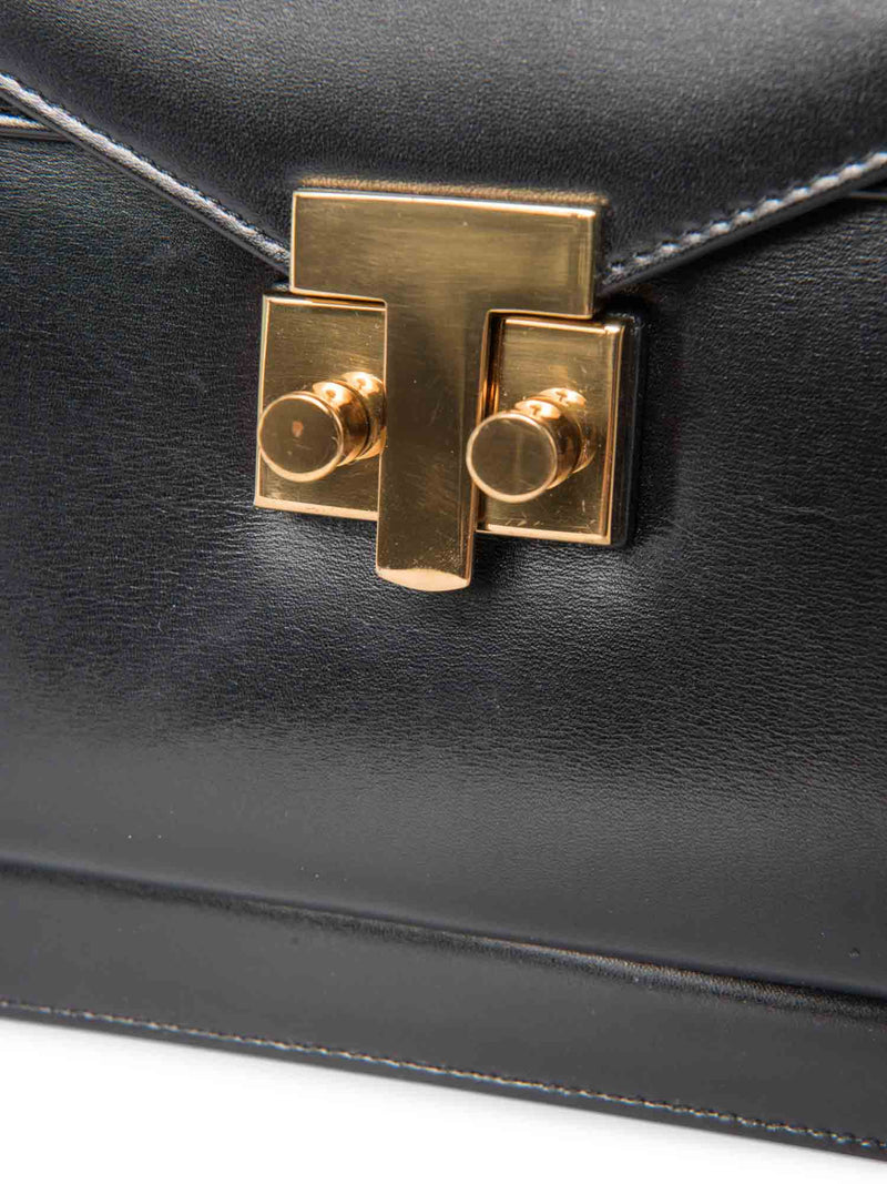 Tiffany & Co. Vintage Leather T Logo Buckle Messenger Flap Bag Black Gold-designer resale