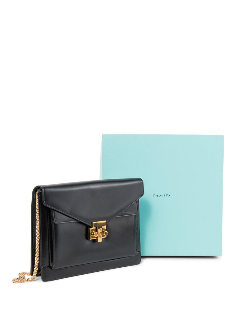Tiffany & Co. Vintage Leather T Logo Buckle Messenger Flap Bag Black Gold-designer resale