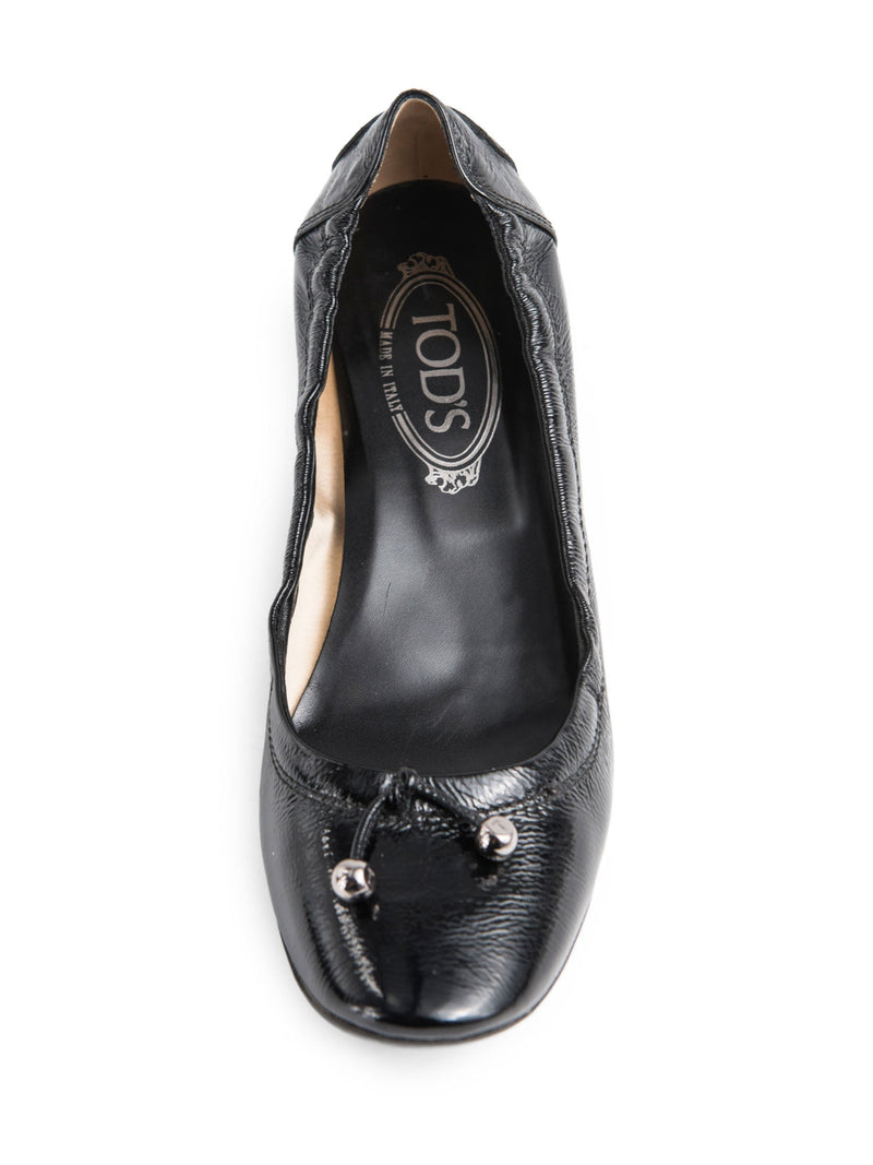 Tod's Patent Leather Logo Ballet Flat Kitten Heel Black-designer resale