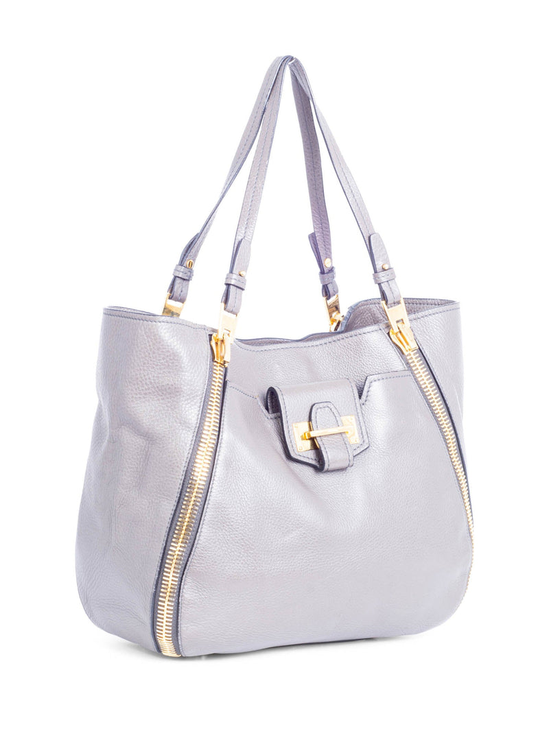 Tom Ford Logo Leather Zipper Handle Shopper Bag Grey