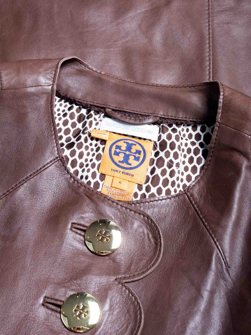Tory Burch Logo Cordelia Leather Scalloped Trench Coat Brown-designer resale